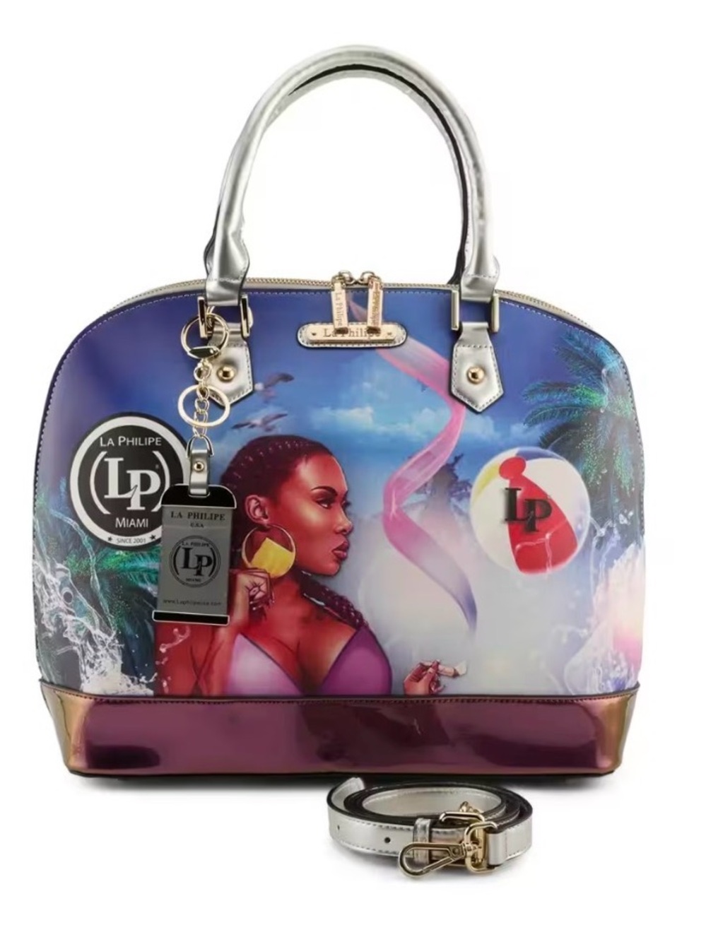 La Philipe Miami Iridescent Purple Graphic Bowler Style Tote